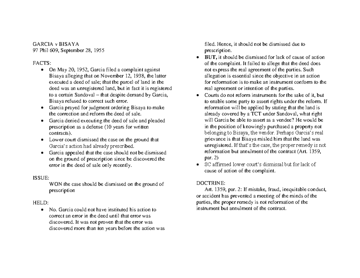 Garcia v bisaya digest Property Law GARCIA v BISAYA 97 Phil 609