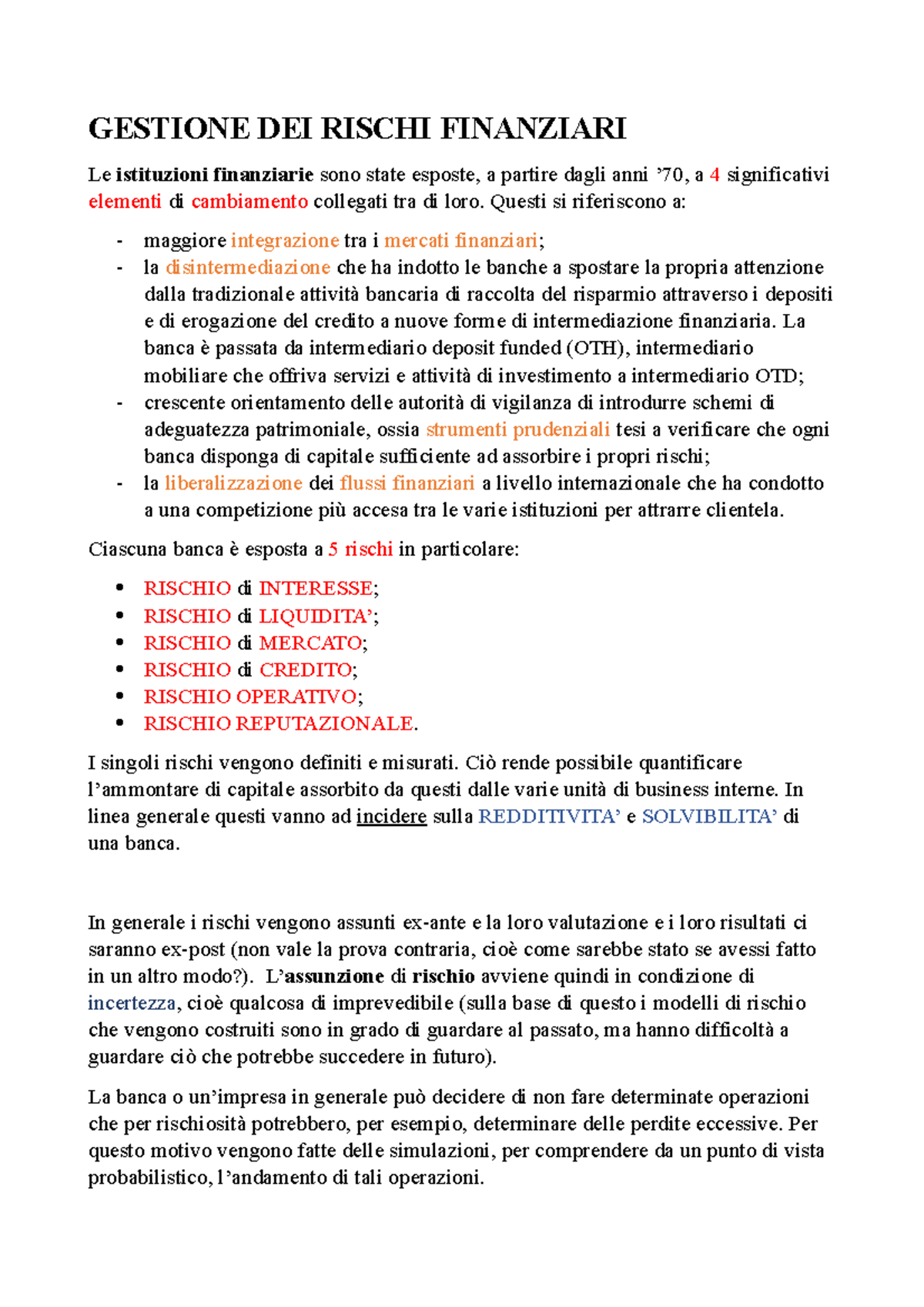Gestione DEI Rischi Finanziari - Gestione dei rischi finanziari - UniSi ...