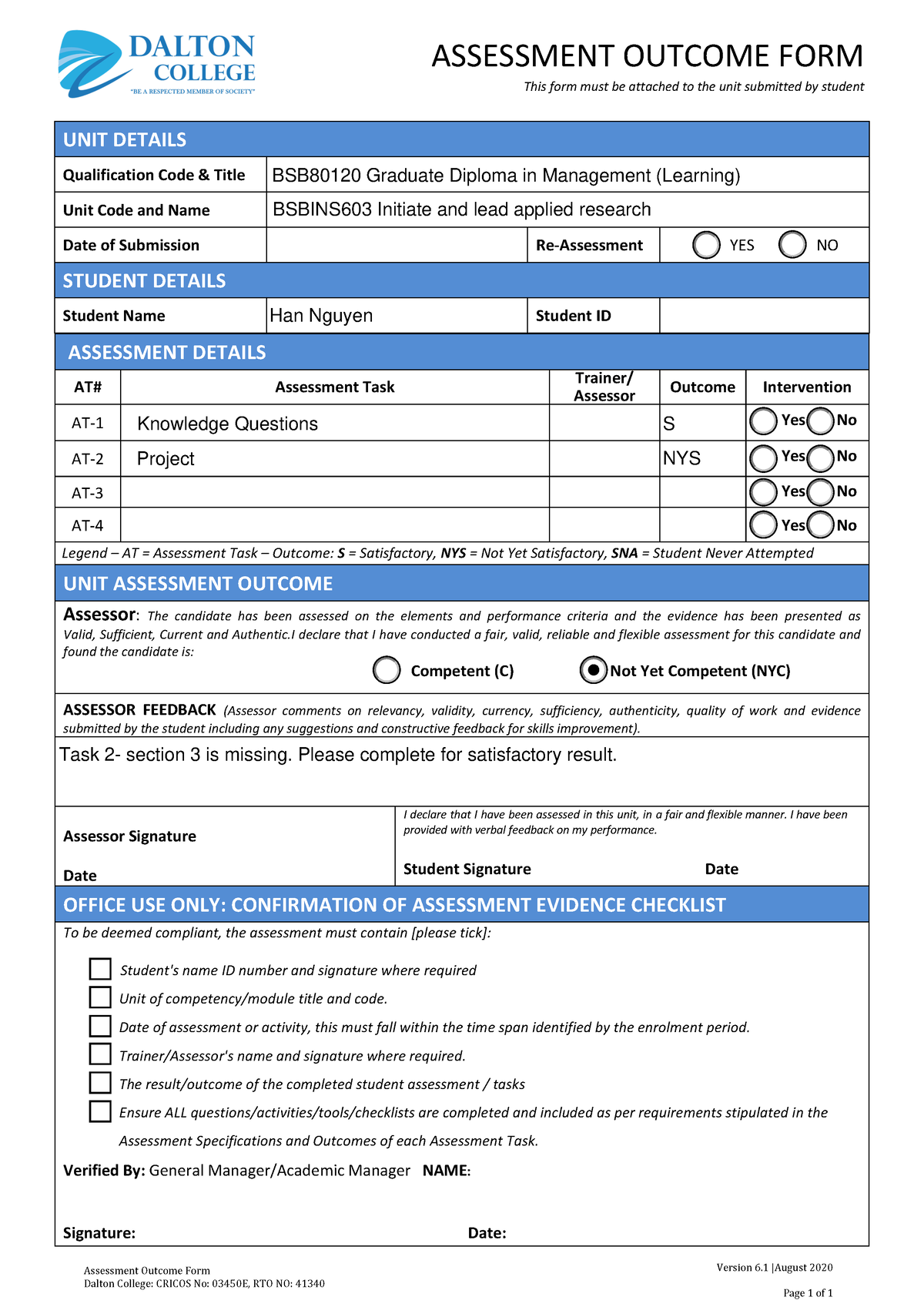 Bsbins 603 Assessment Outcome Form-V6.1-August 2020 PDF fillable ...