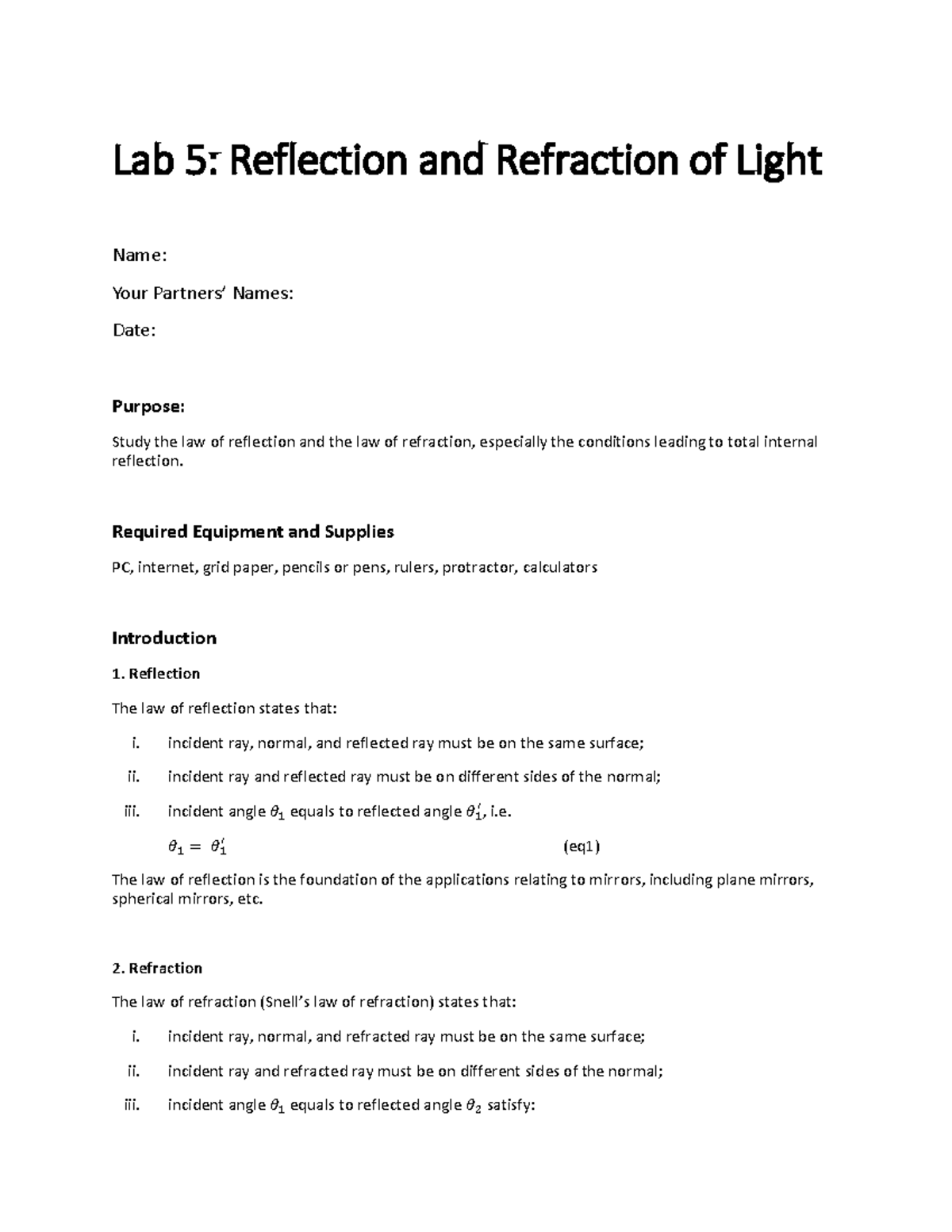 Geo Optics Phys2 - Lab 5: Reflection And Refraction Of Light - Lab 5 ...