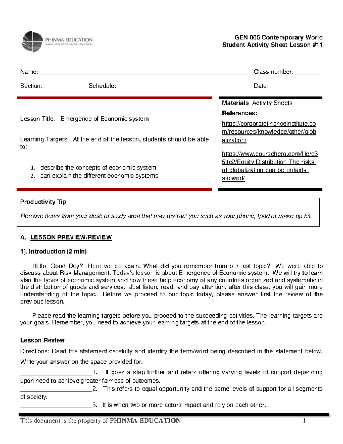 GEN 005 11-21 - Assignment - Student Activity Sheet Lesson # - Studocu