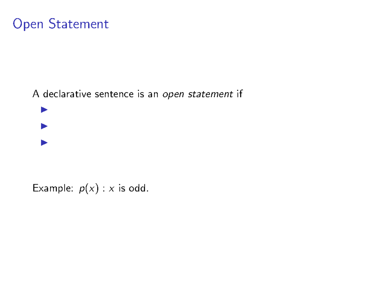 Slides Week 2 - math - Open Statement Adeclarativesentenceisanopen ...