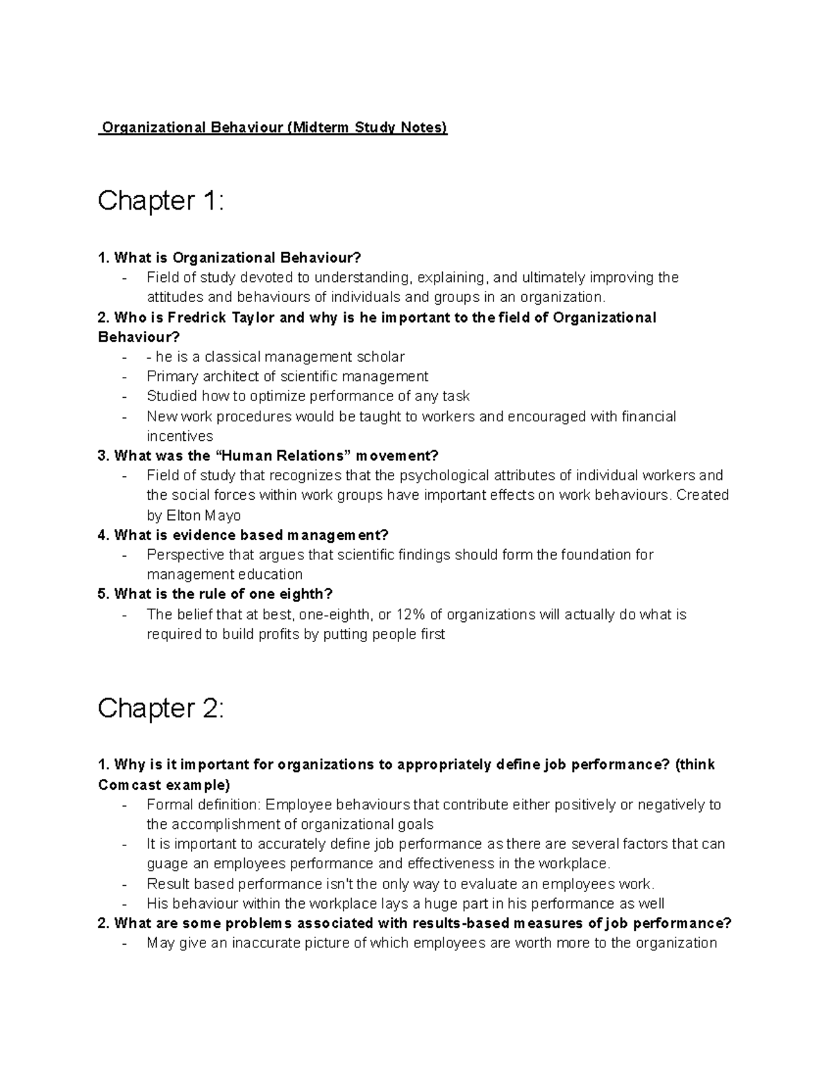 Copy Of Organizational Behaviour (Final Study Notes) - Organizational ...