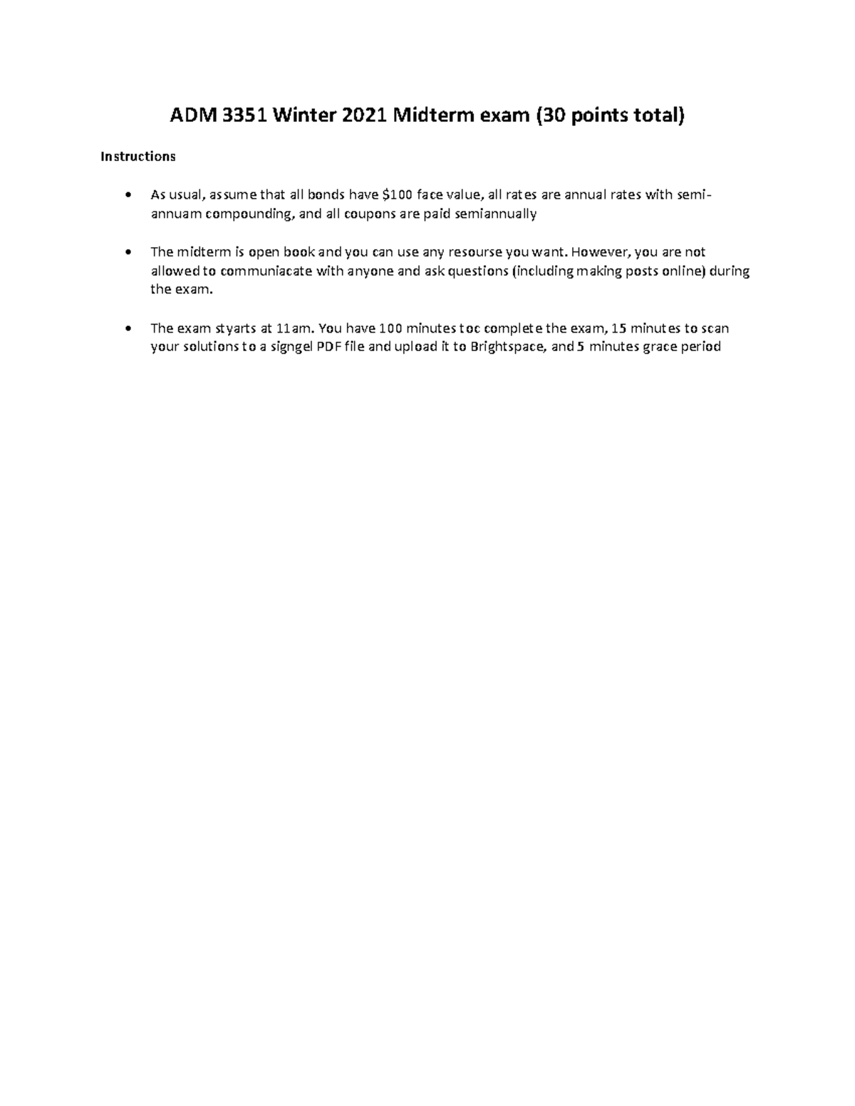 Adm 3351 Winter 2021 Midterm Exam Solutions Adm 3351 Winter 2021 Midterm Exam 30 Points Total Adm 3351 Winter 2021 Midterm Exam Solutions Adm 3351 Winter 2021 Midterm Exam 30 Points Total