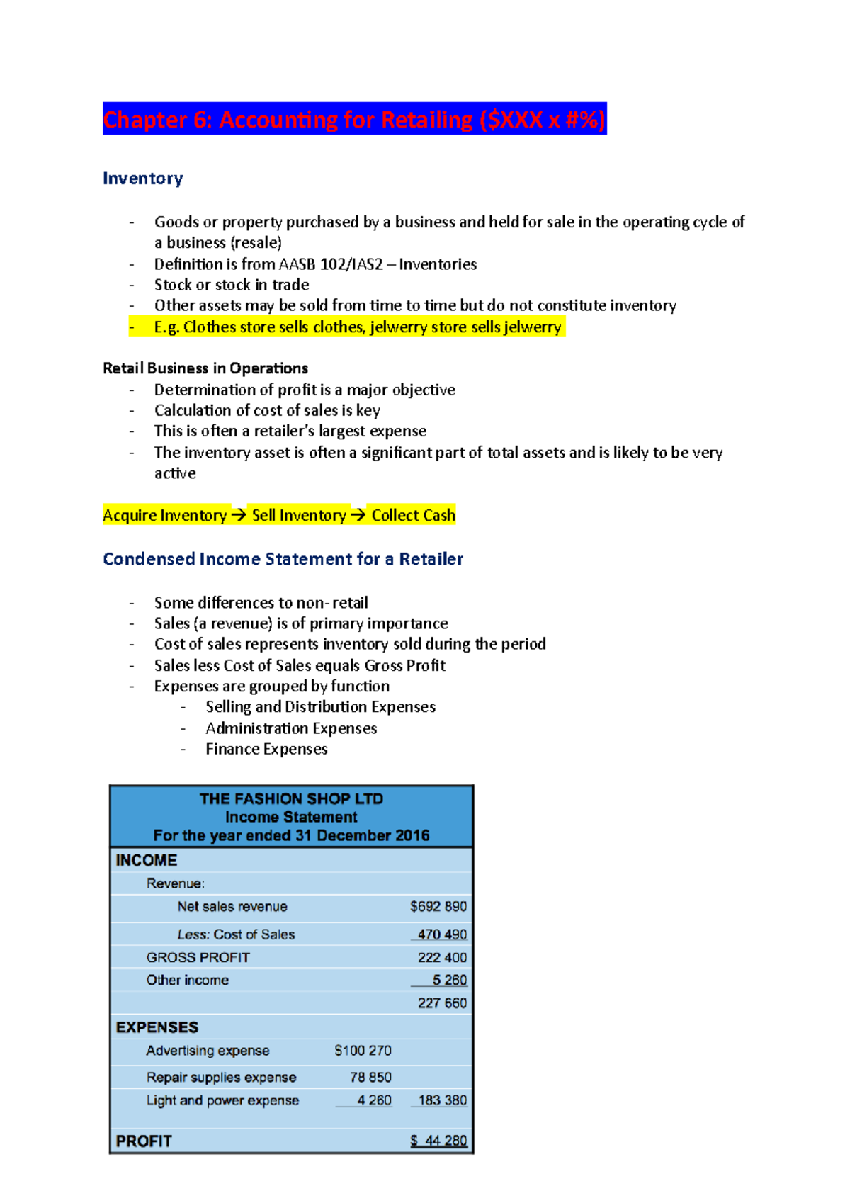 Chapter 6 - Accy111- study notes - Chapter 6: Accounting for Retailing ...