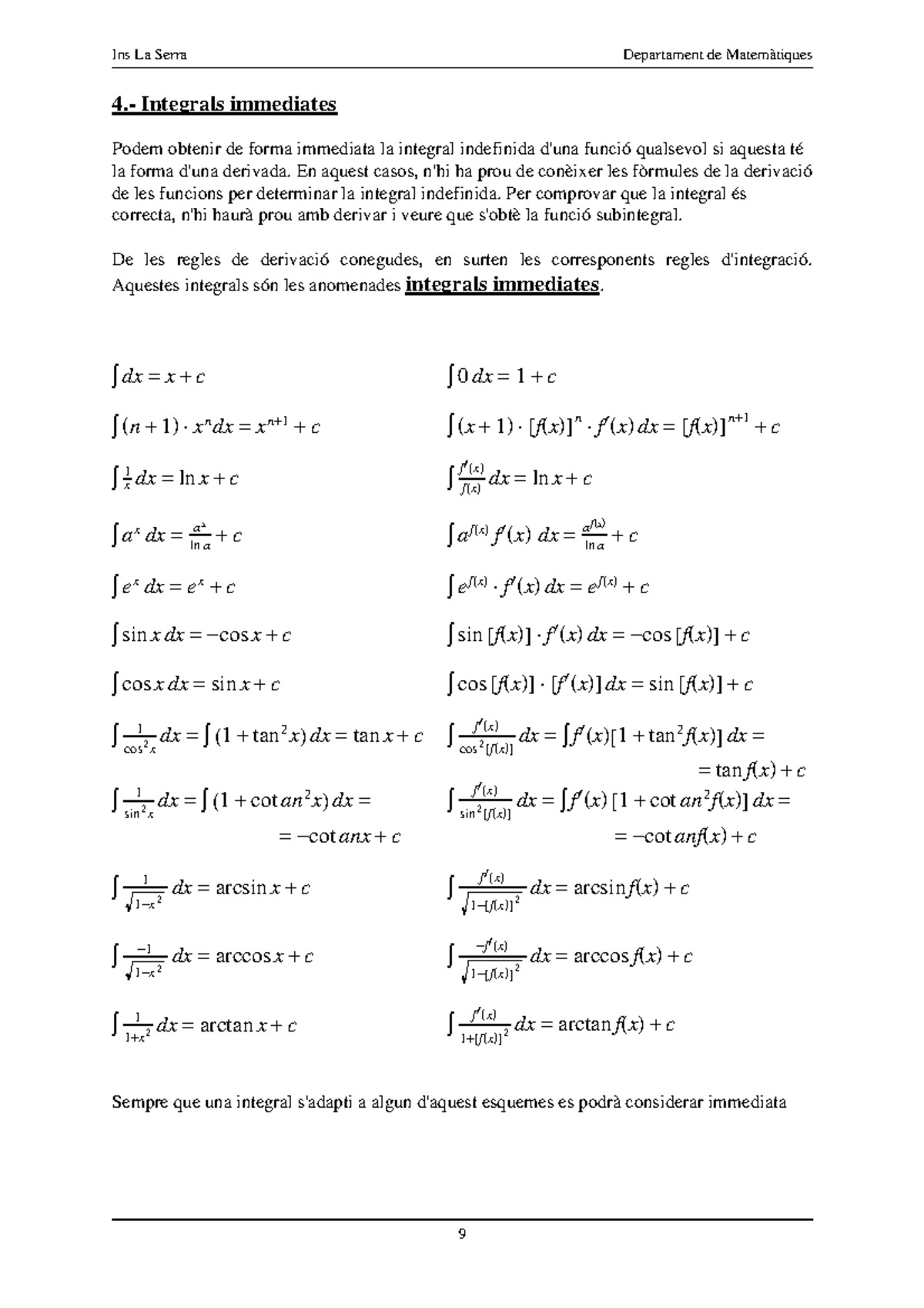 2 Integral - 4.- Integrals immediates Podem obtenir de forma immediata ...