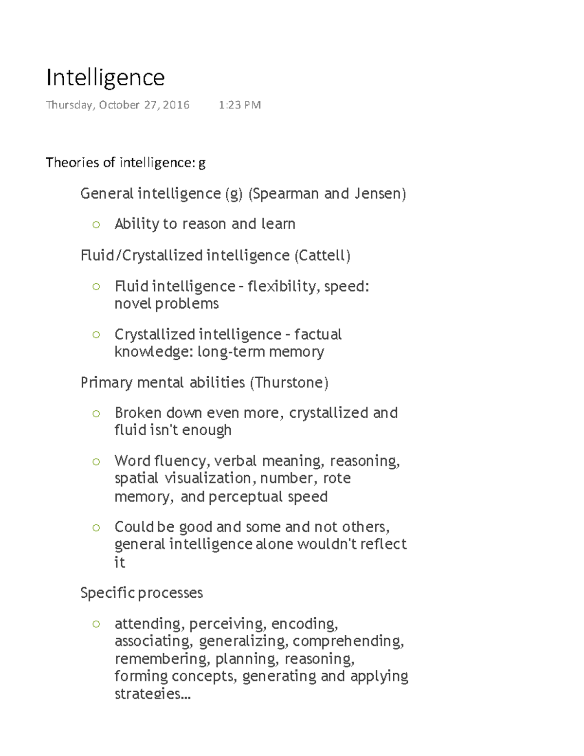 Intelligence - Jennifer Ganger Lecture notes - Theories of intelligence ...
