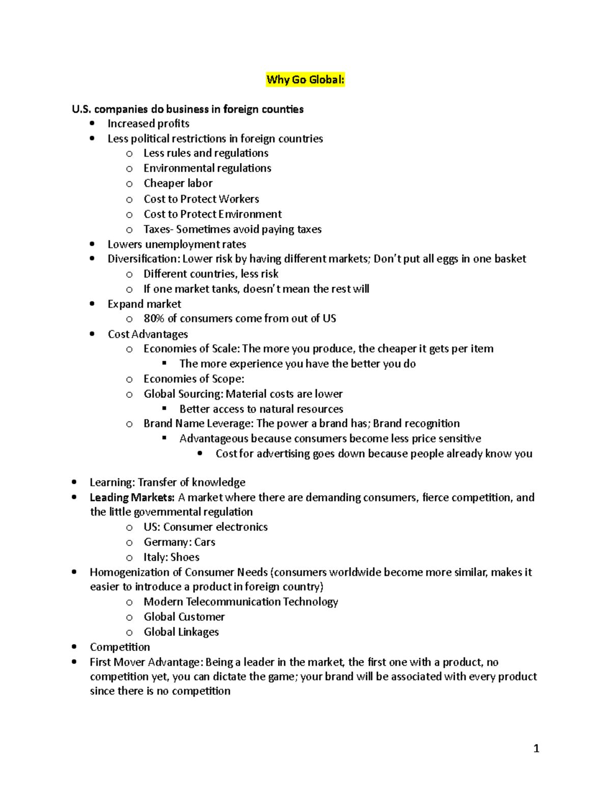Lesson 1- Why Go Global - Lecture notes 1 - Why Go Global: U. companies ...
