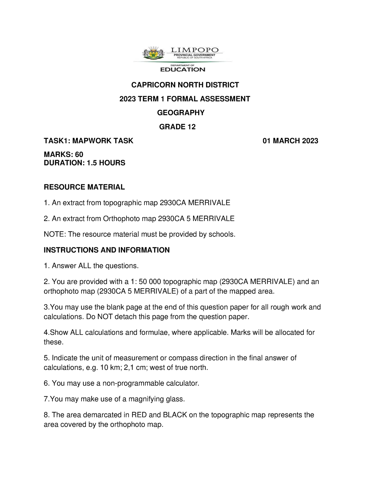 Grade 12 Mapwork Task And Memorandum Capricorn North District 2023 Term 1 Formal Assessment