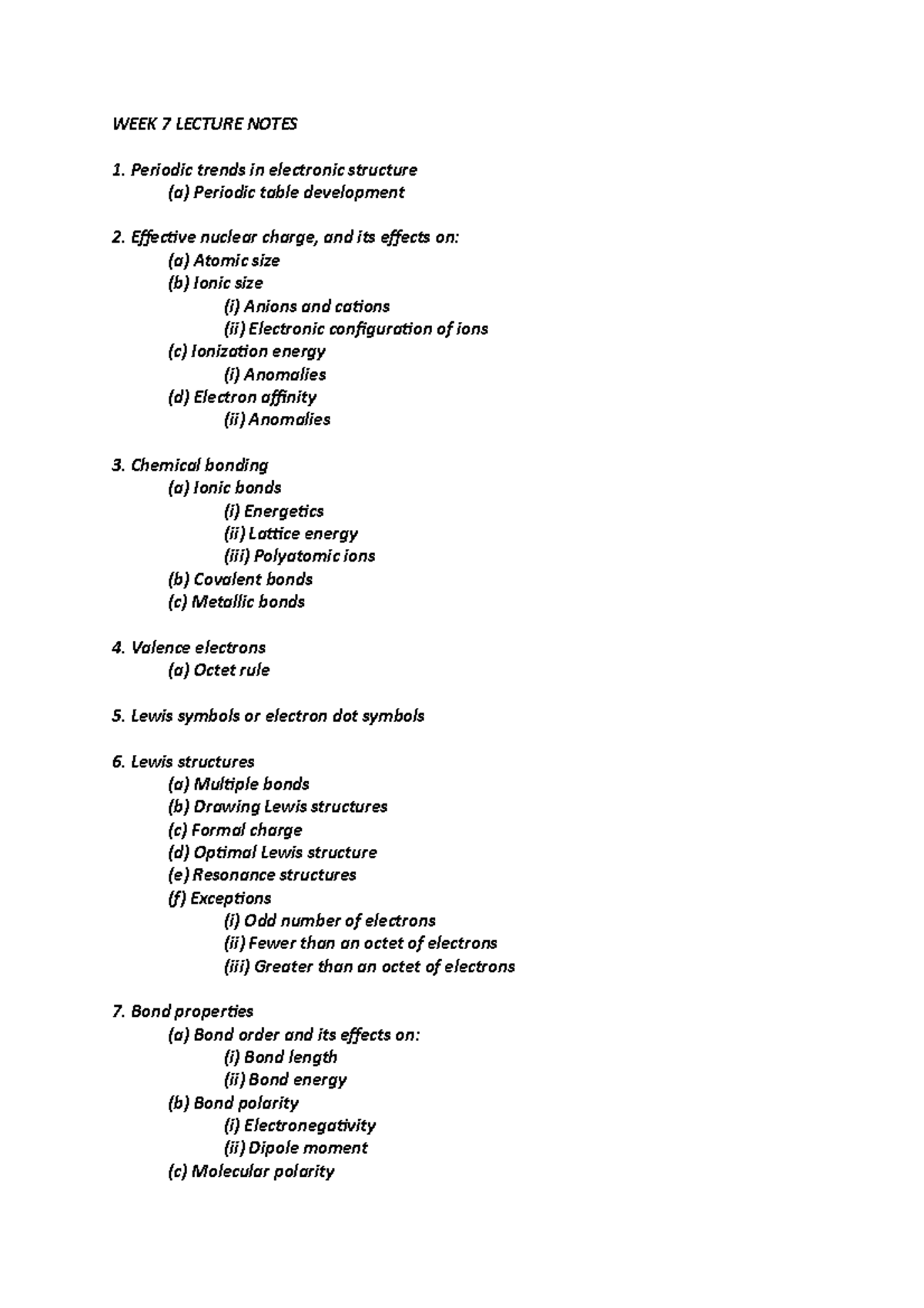 WEEK 7 Lecture Notes - WEEK 7 LECTURE NOTES 1. Periodic trends in ...