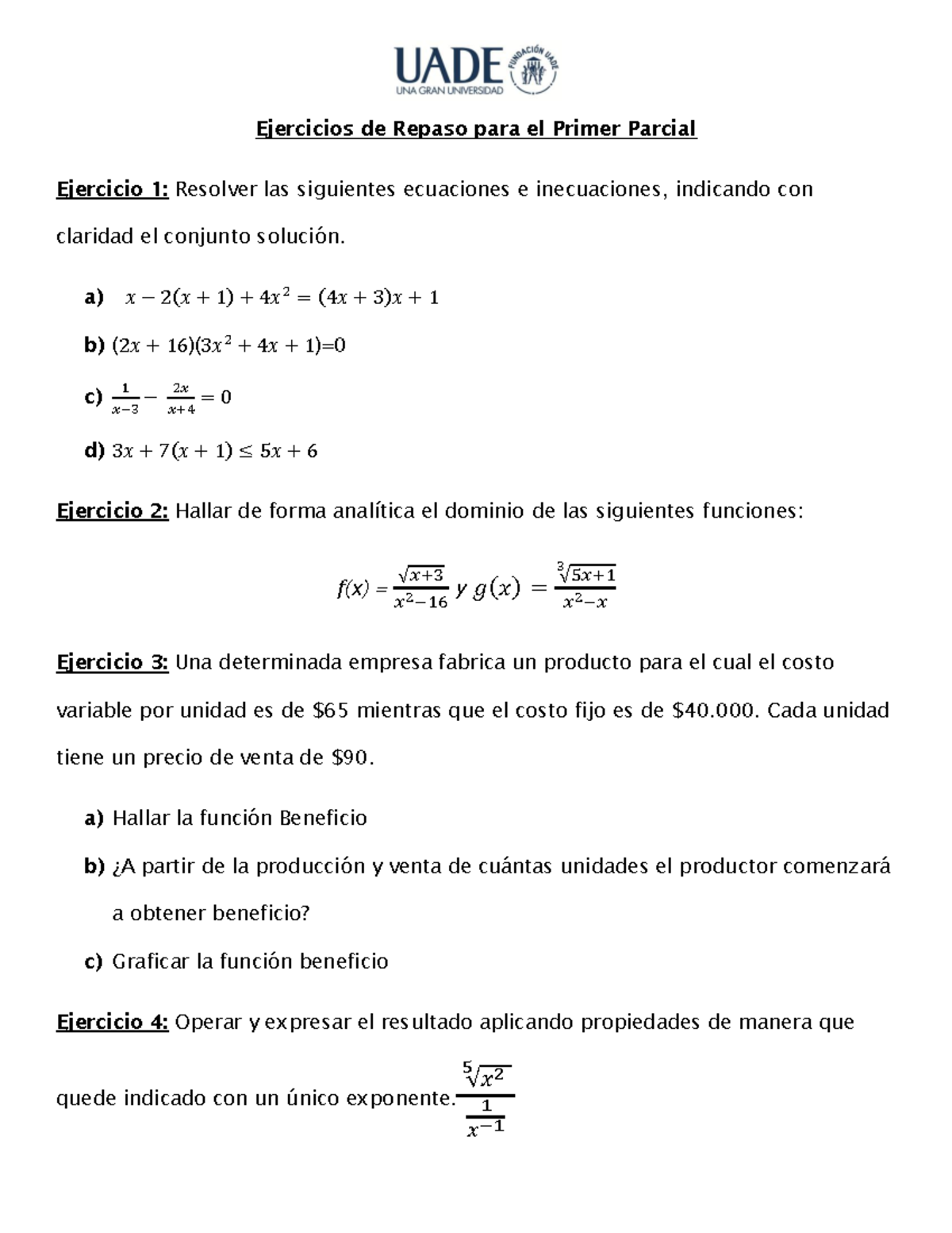 Repaso Primer parcial - Ejercicios de Repaso para el Primer Parcial ...