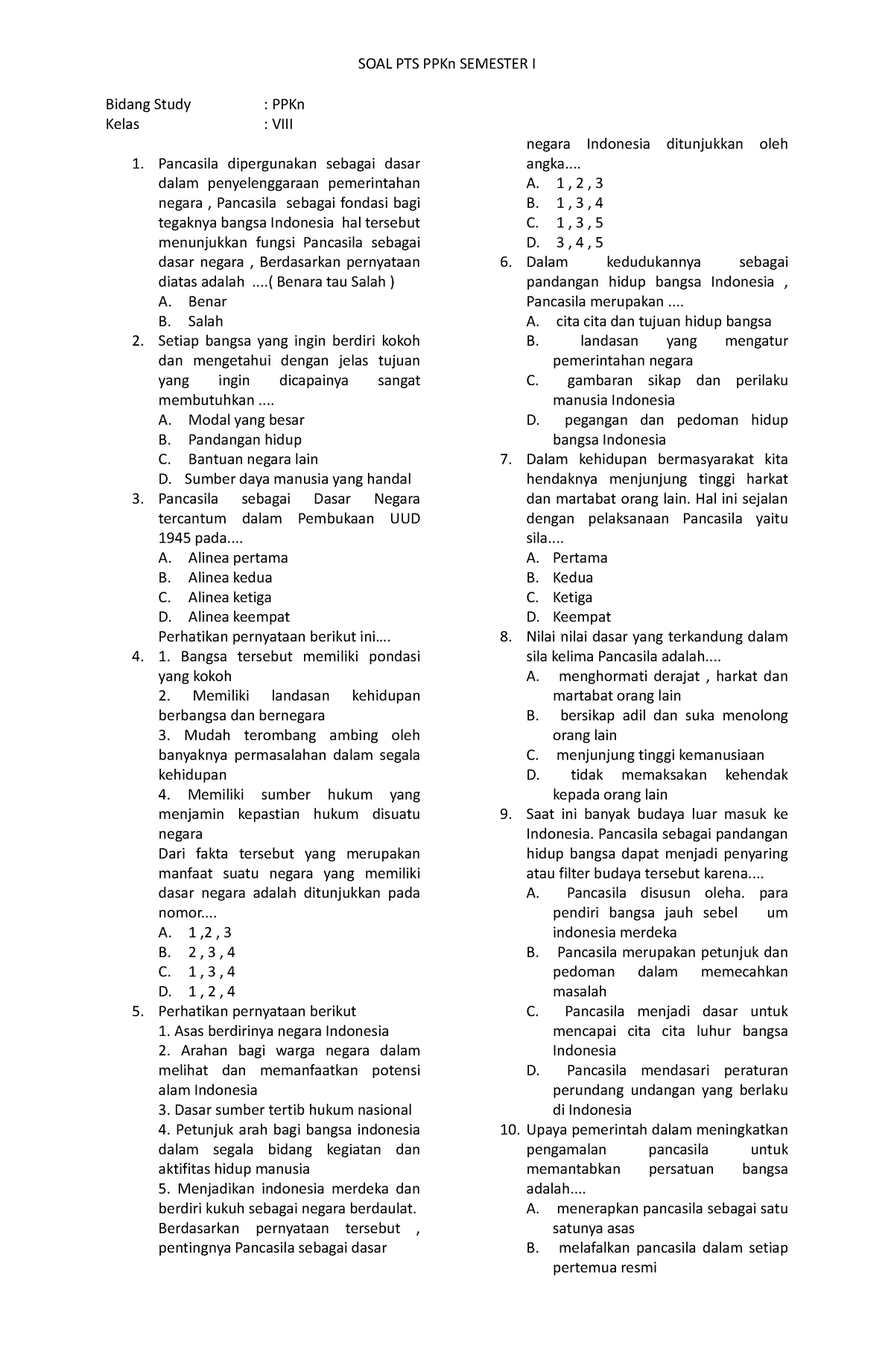 SOAL PTS PPKn SEM I 2023 - 2024 - SOAL PTS PPKn SEMESTER I Bidang Study ...