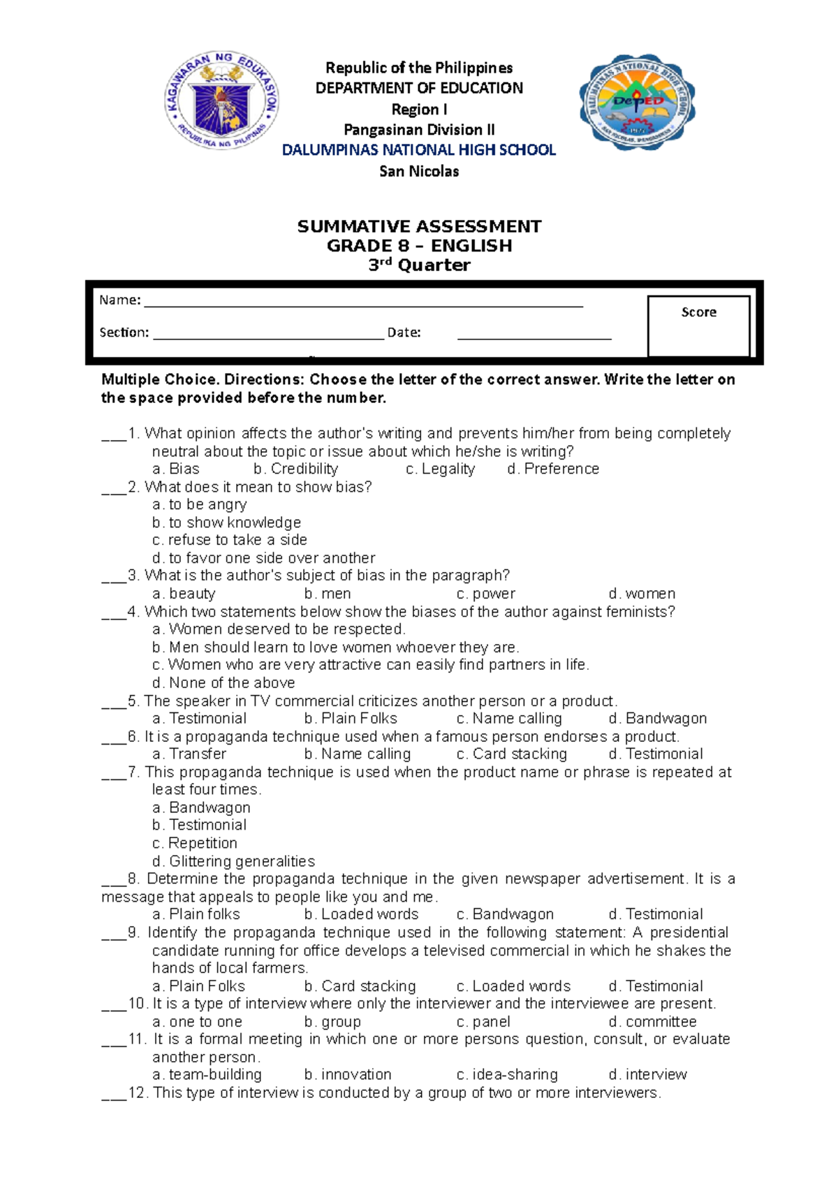 Summative-G8 - EXAM SAMPLE - Republic of the Philippines DEPARTMENT OF ...