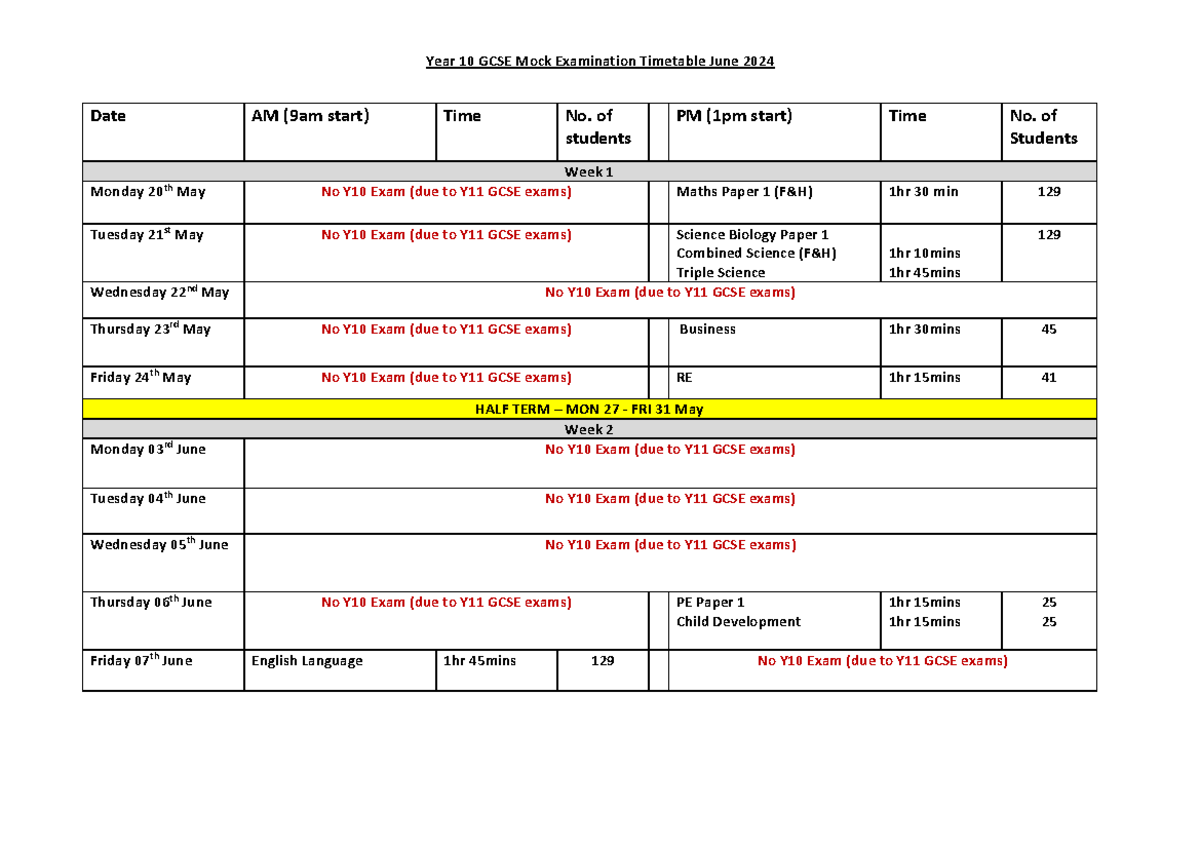 Final Y10 Mock Exam Timetable May June 2024 - Year 1 0 GCSE Mock ...