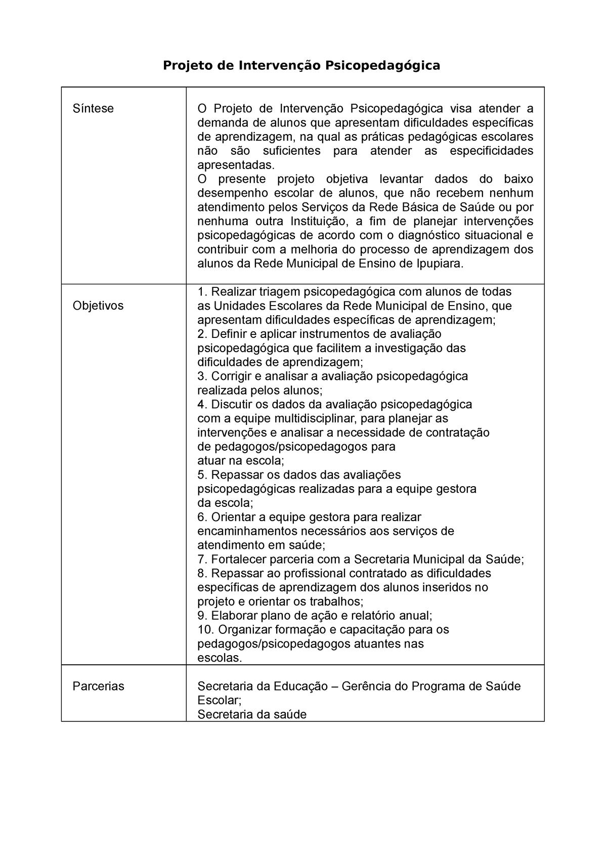 Projeto De Intervenção Psicopedagogica Projeto De Intervenção Psicopedagógica Síntese O 4576