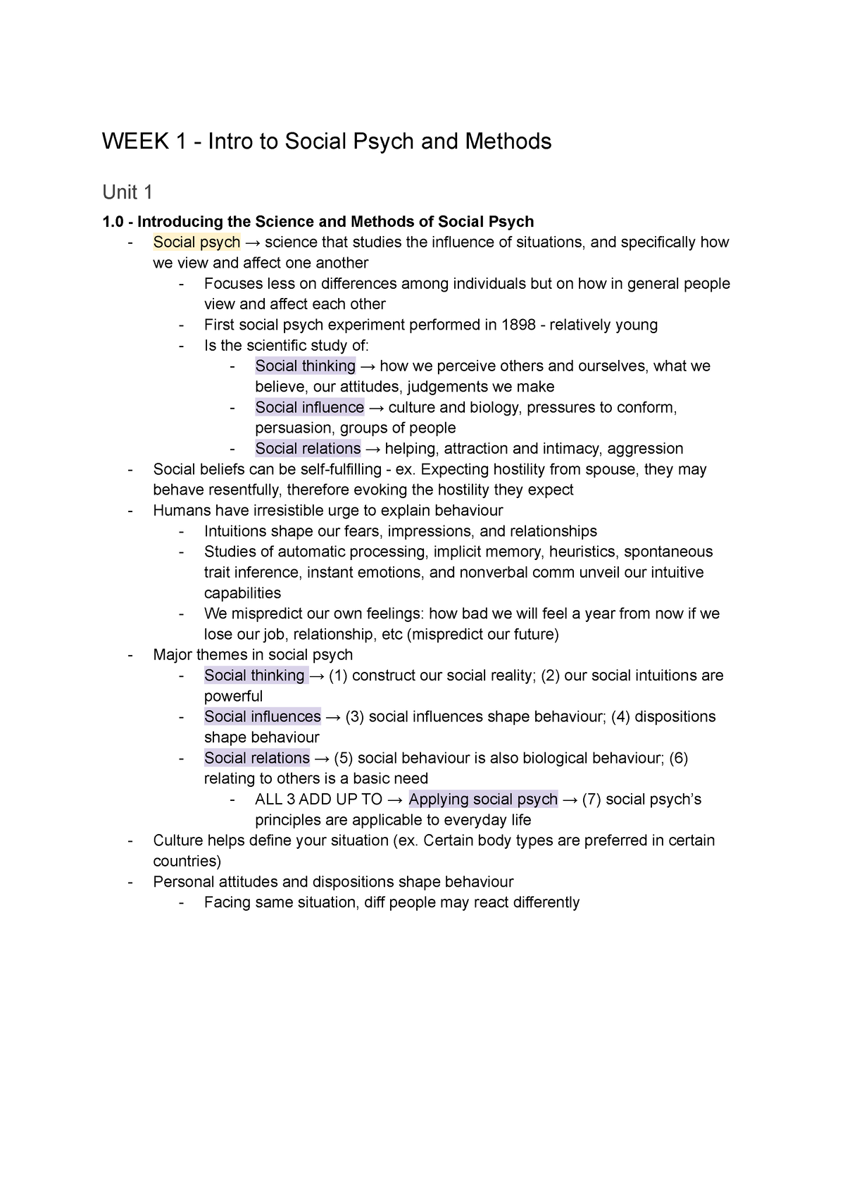 PSYB10 Notes - WEEK 1 - Intro To Social Psych And Methods Unit 1 1 ...