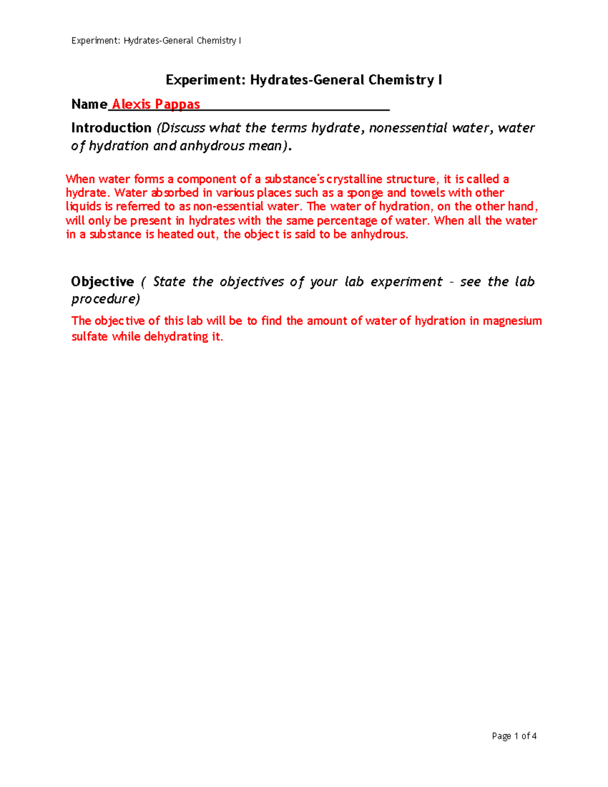 Formula Of A Hydrate Lab Report Online - Experiment: Hydrates-General ...