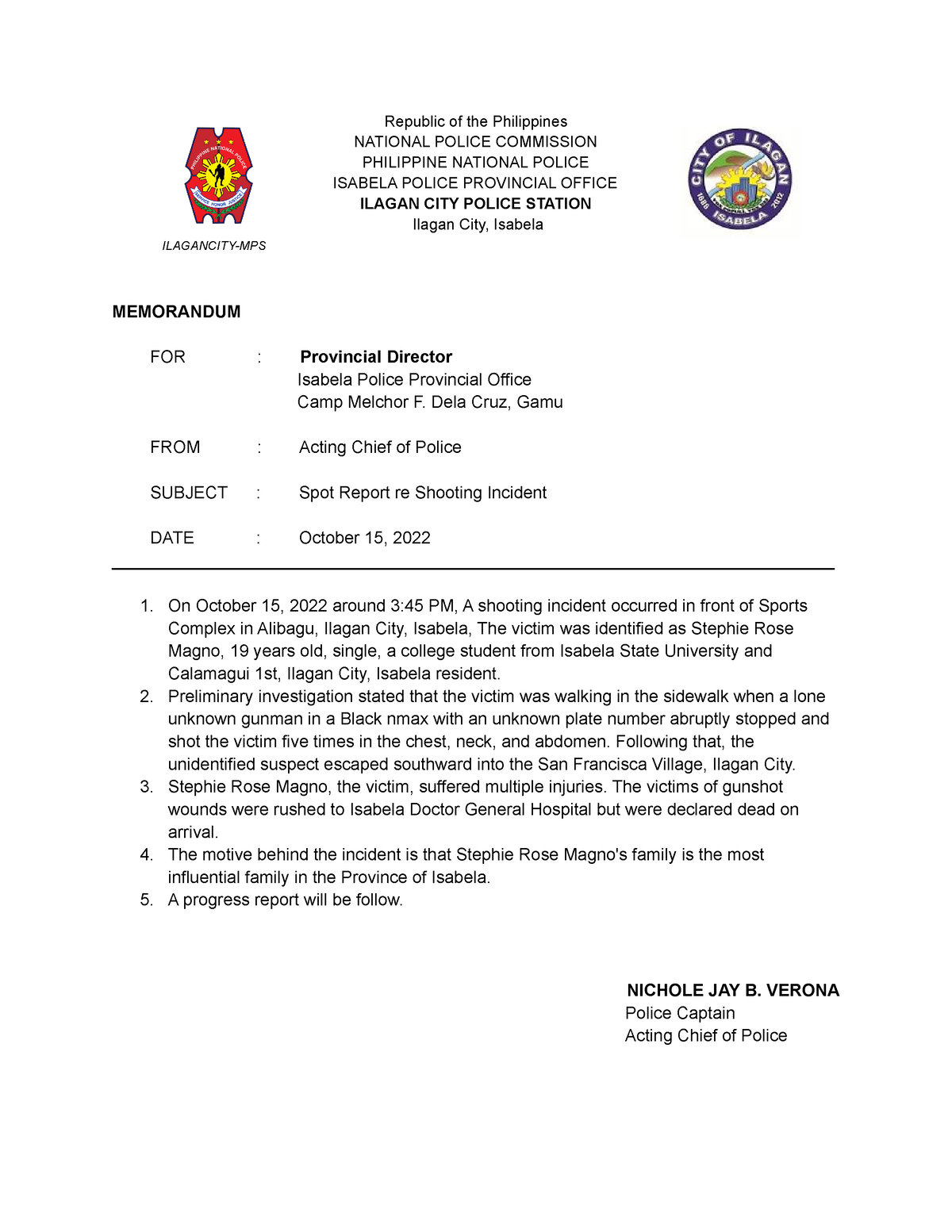 Spot Report - sample - Republic of the Philippines NATIONAL POLICE ...