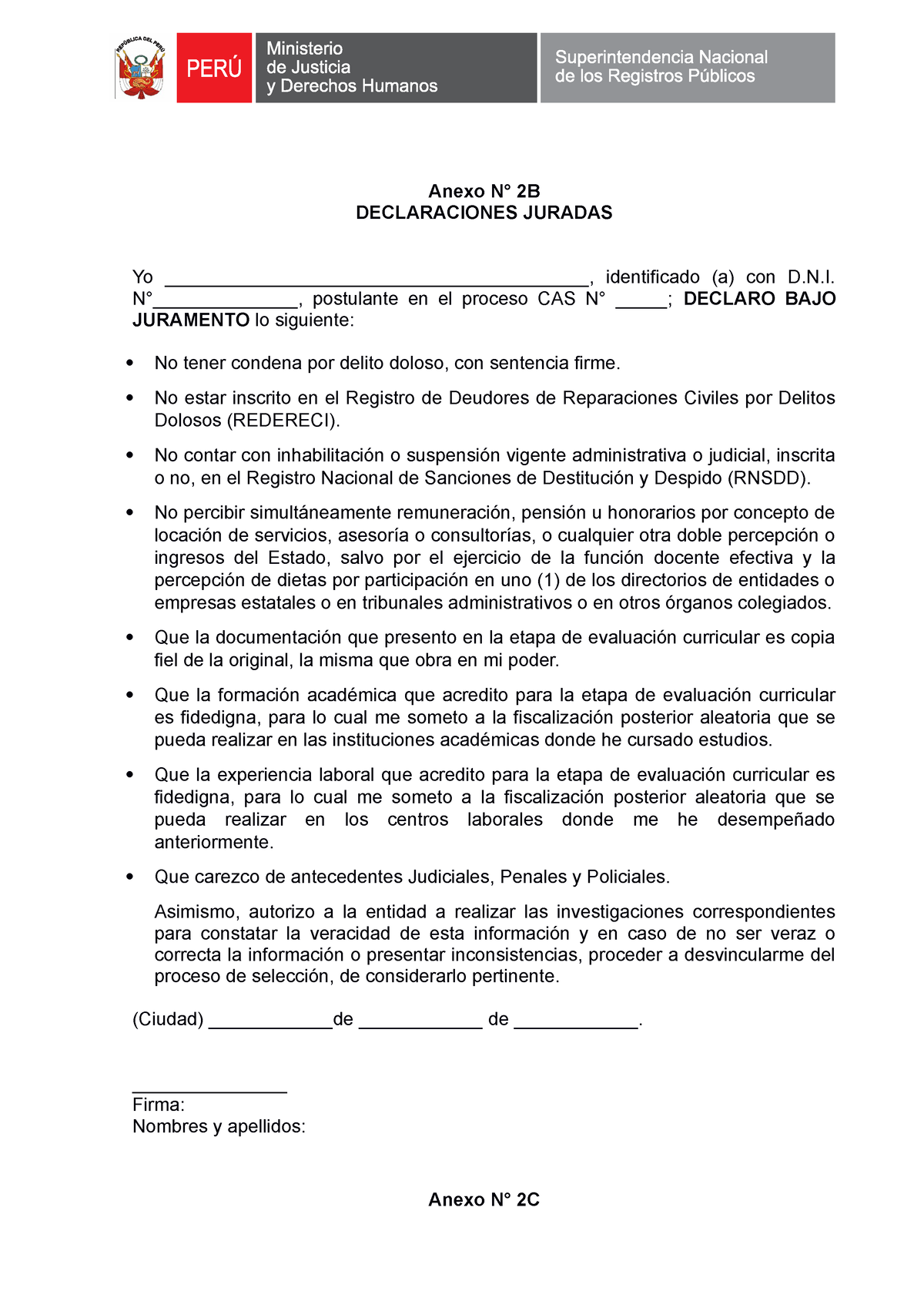 Modelos De Declaraciones Juradas Para Laborar - Anexo N° 2B ...