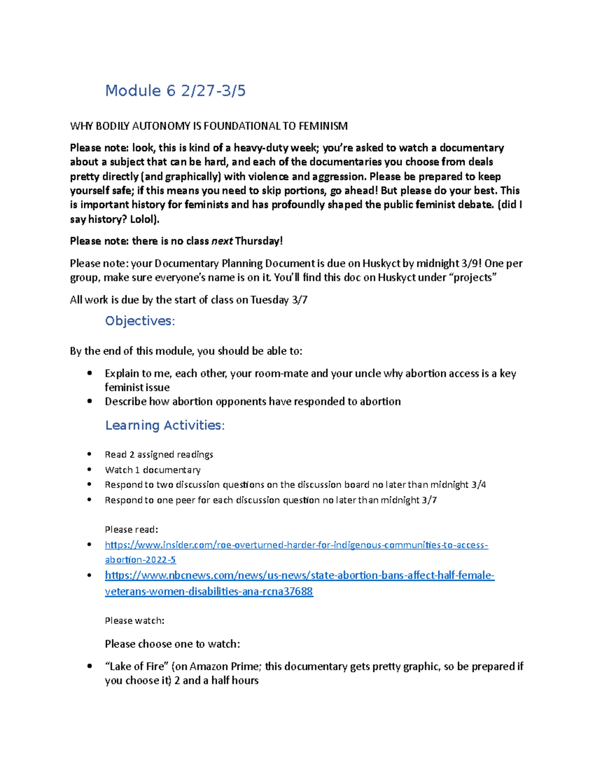 2250 Module 6(5) - lecture notes moduel 5 - Module 6 2/27-3/ WHY BODILY ...