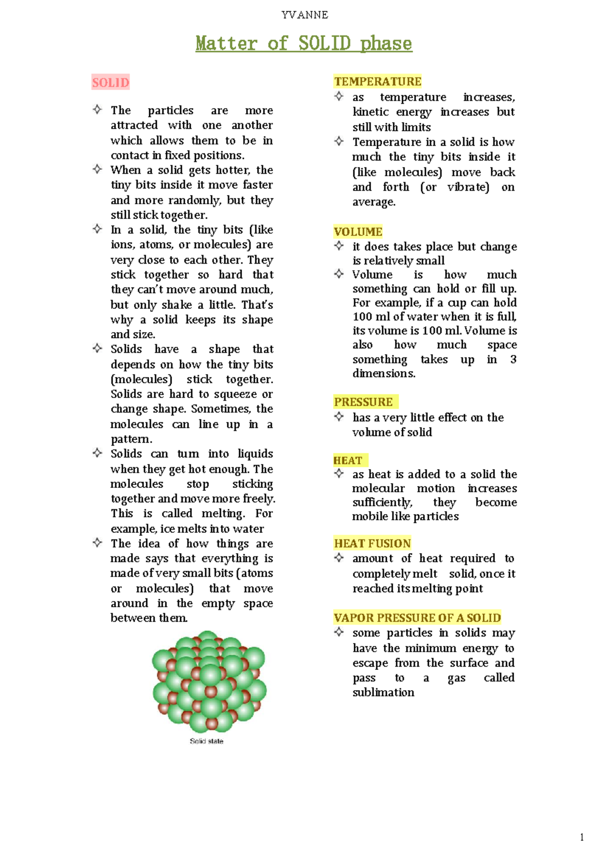 Solid Phase - notes - Matter of SOLID phase SOLID The particles are ...