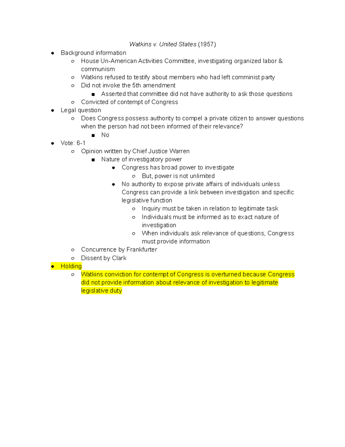 Constitutional Law Study Guide 3 (full case briefs) Watkins v