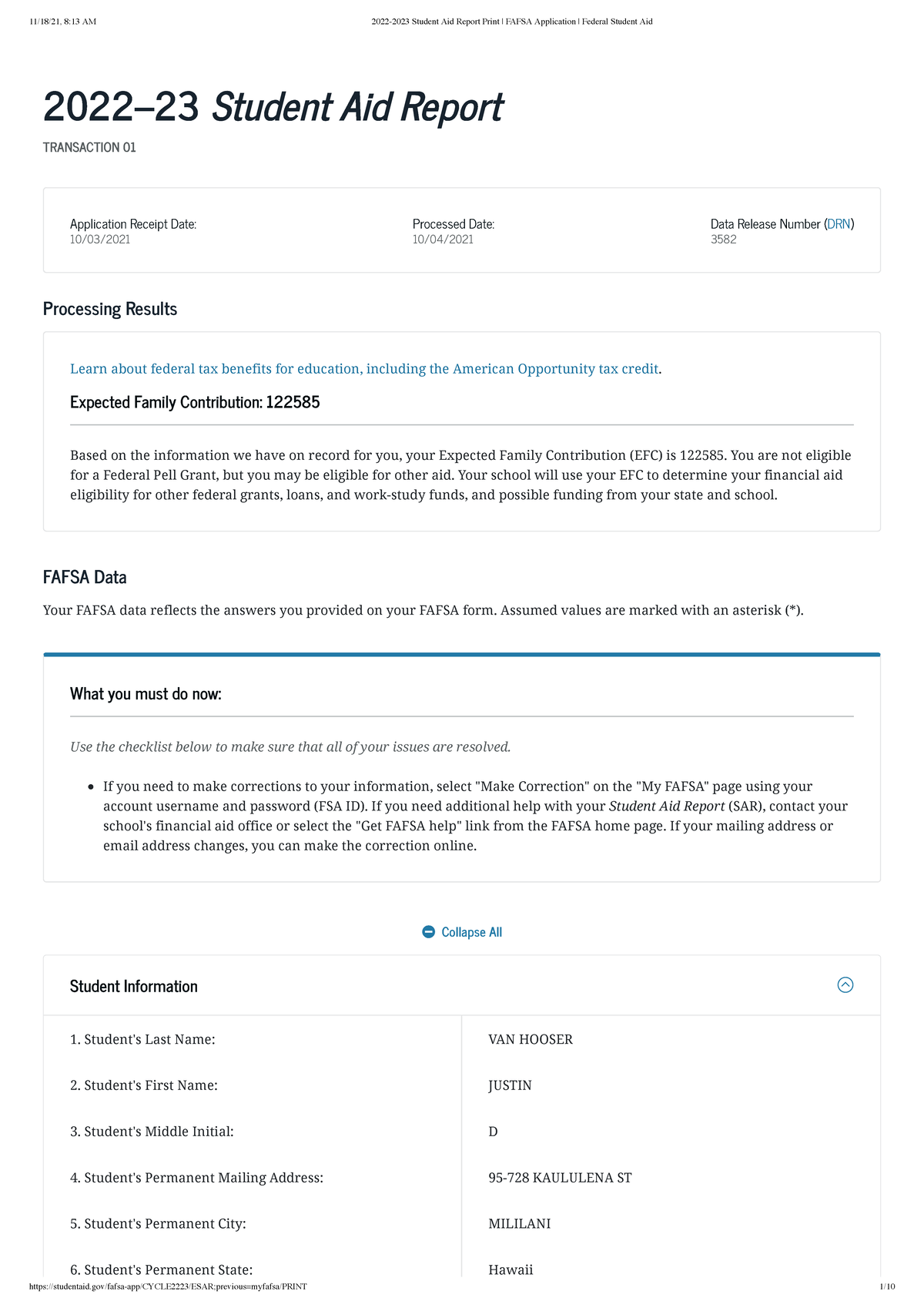 2022 2023 Student Aid Report Print Fafsa Application Federal Student