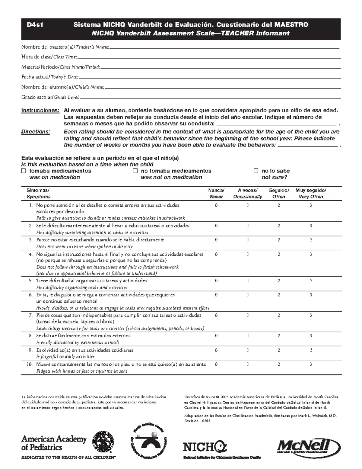 Vanderbilt ADHD - profesores - D4s1 Sistema NICHQ Vanderbilt de ...