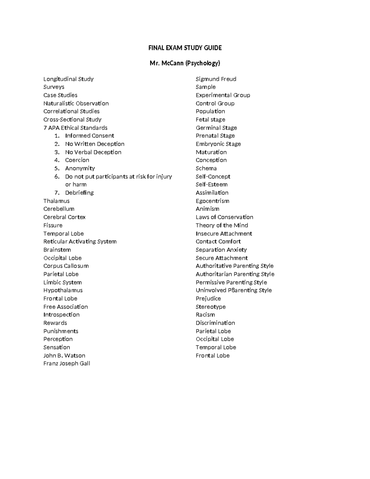 Final EXAM Study Guide - FINAL EXAM STUDY GUIDE Mr. McCann (Psychology ...