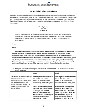 INT 315 Global Exploration Worksheet - INT 315 Global Explora琀椀on ...