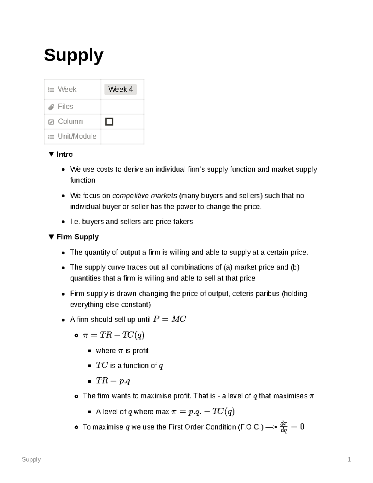 1001 Supply - HD Notes for ECON1001 - Supply Week Week 4 Files Column ...
