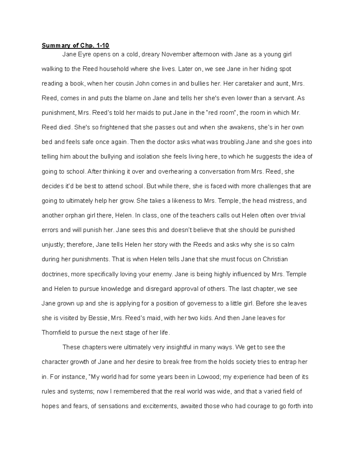 Jane Eyre Summary on chapters of Jane Eyre Summary of Chp. 1 Jane