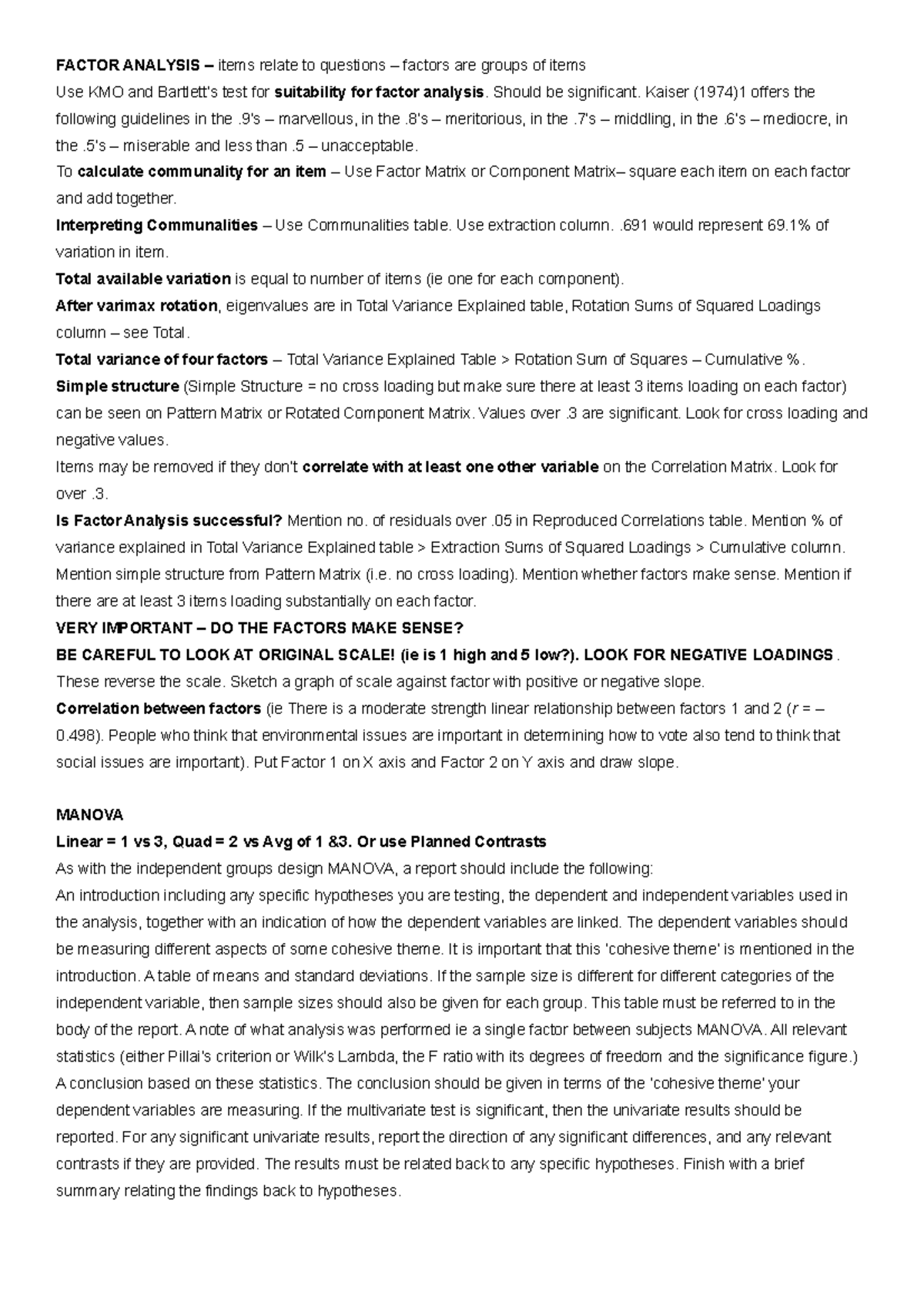 Cheat sheet Anova - FACTOR ANALYSIS – items relate to questions ...