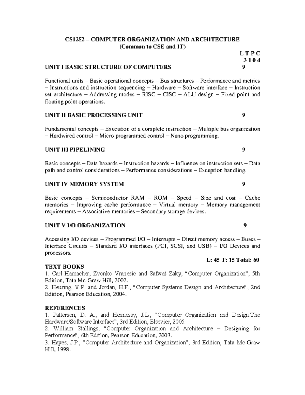 COA - Notes - CS1252 – COMPUTER ORGANIZATION AND ARCHITECTURE (Common ...