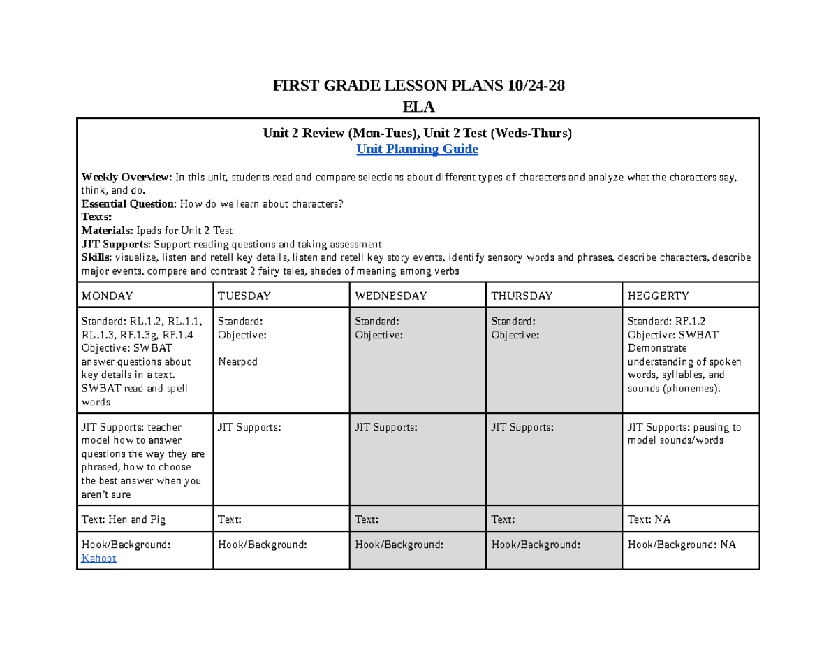 First Grade Lesson Plans 10 24–10 28 - FIRST GRADE LESSON PLANS 10/24 ...