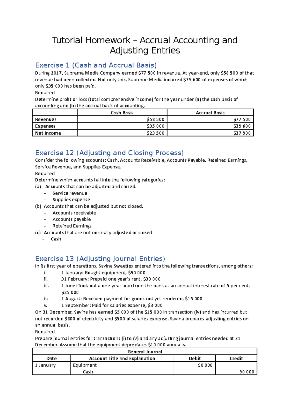 Tutorial Homework - Accrual Accounting And Adjusting Entries - Tutorial ...