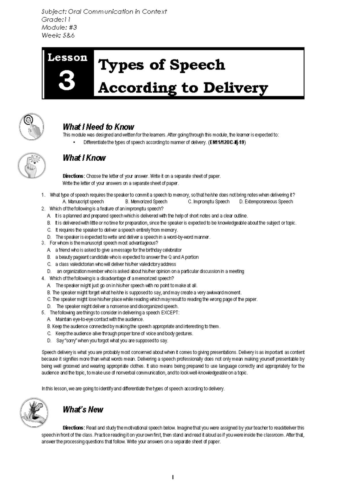 types of speeches oral communication module