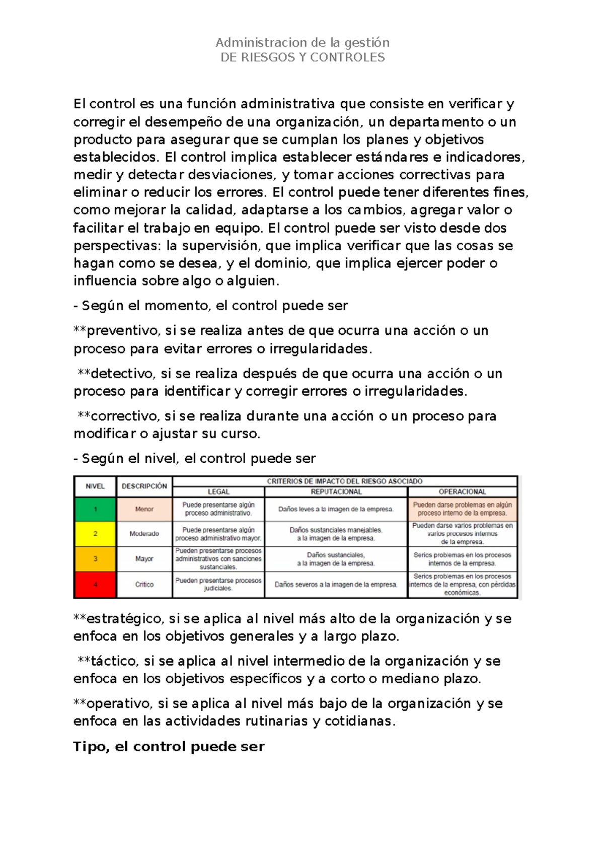 Definicion DE Control Y Clasificacion - Administracion de la gestión DE ...