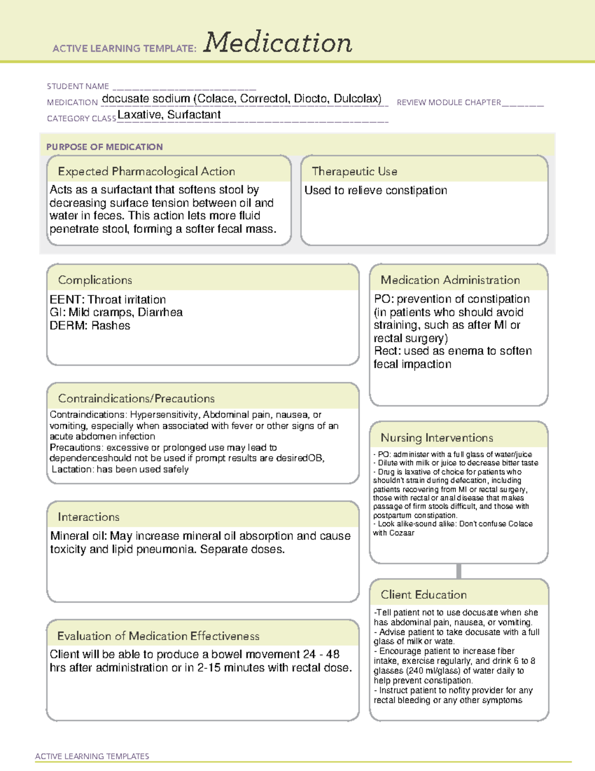 Docusate - Drug card - ACTIVE LEARNING TEMPLATES Medication STUDENT ...