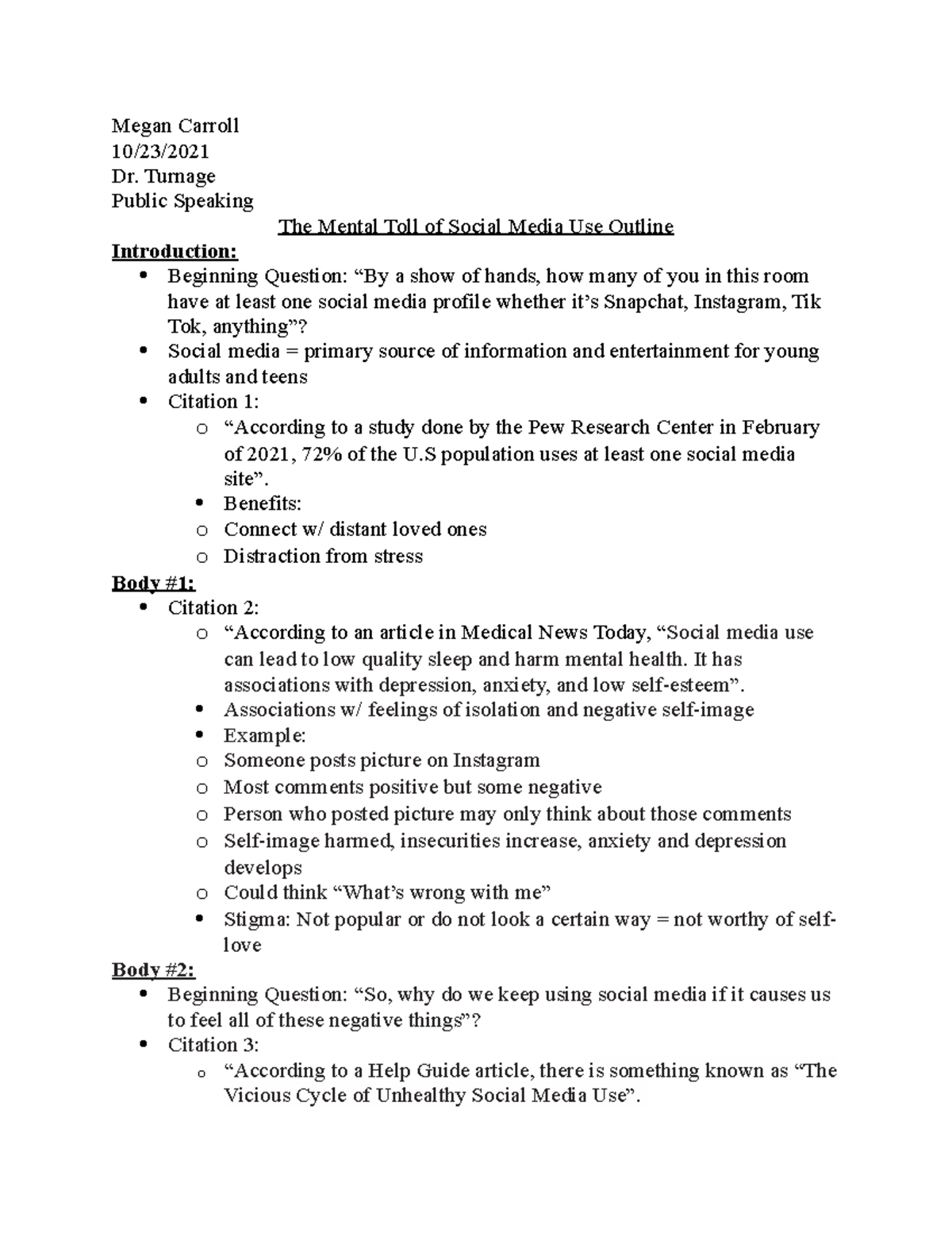 Speech #2 Outline - Megan Carroll 10/23/ Dr. Turnage Public Speaking ...