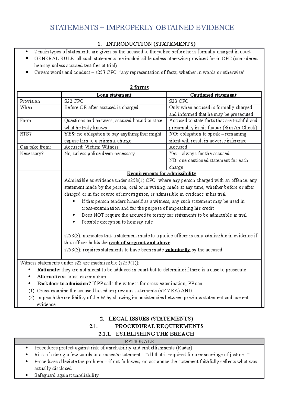 (7) Statements + IMP EVI - STATEMENTS + IMPROPERLY OBTAINED EVIDENCE 1 ...