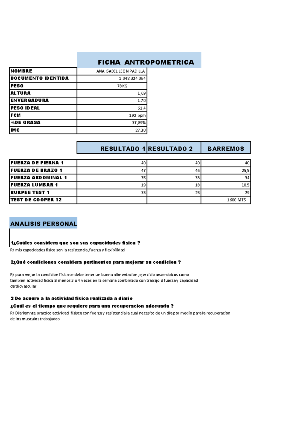 Ficha antroprometrica Actividad #3 - FICHA ANTROPOMETRICA NOMBRE ANA ...