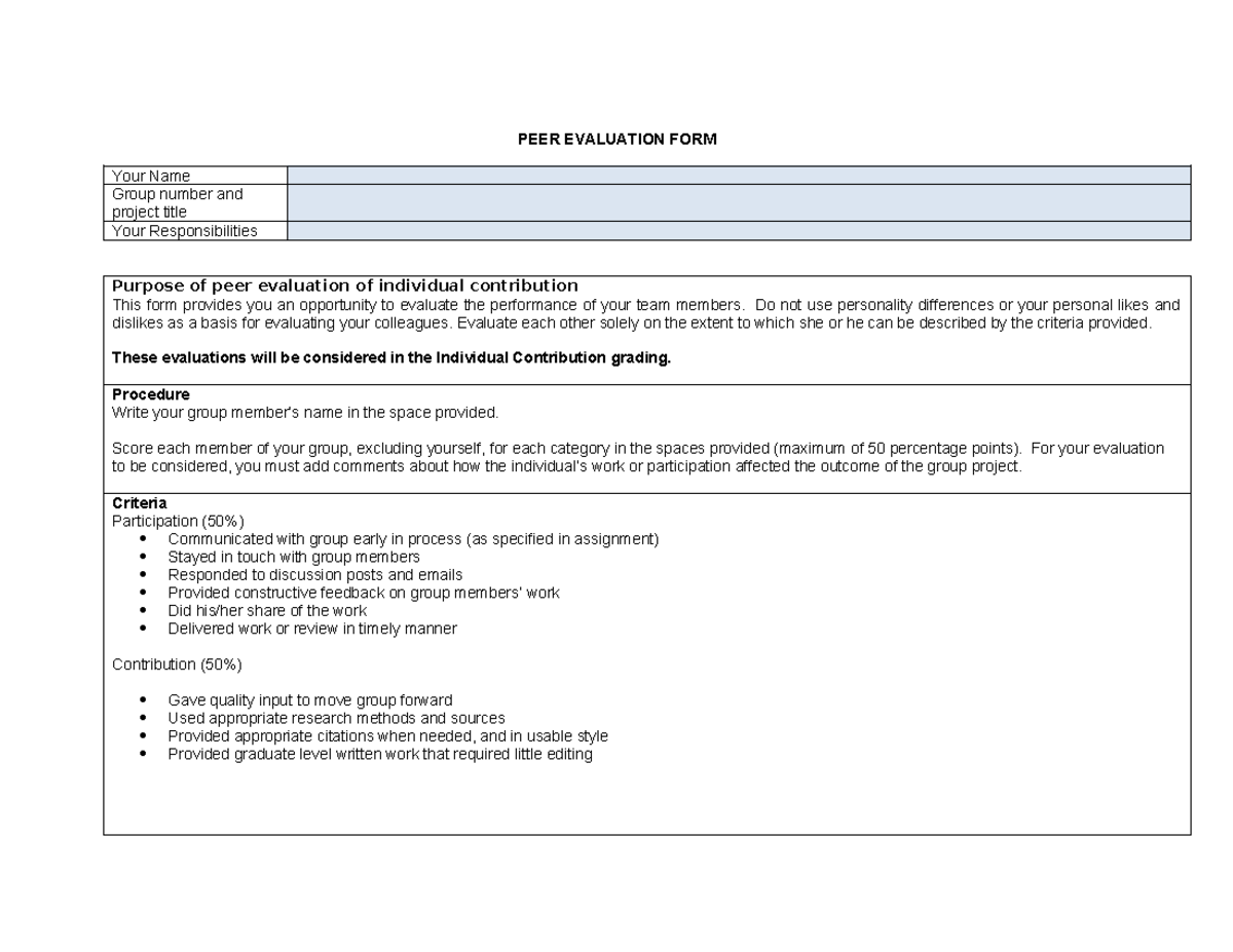 Peer Evaluation - Peer eval - PEER EVALUATION FORM Your Name Group ...