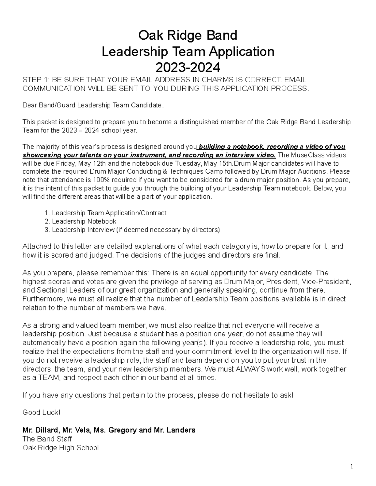 2023-2024 Leadership Team Application Packet - Oak Ridge Band ...