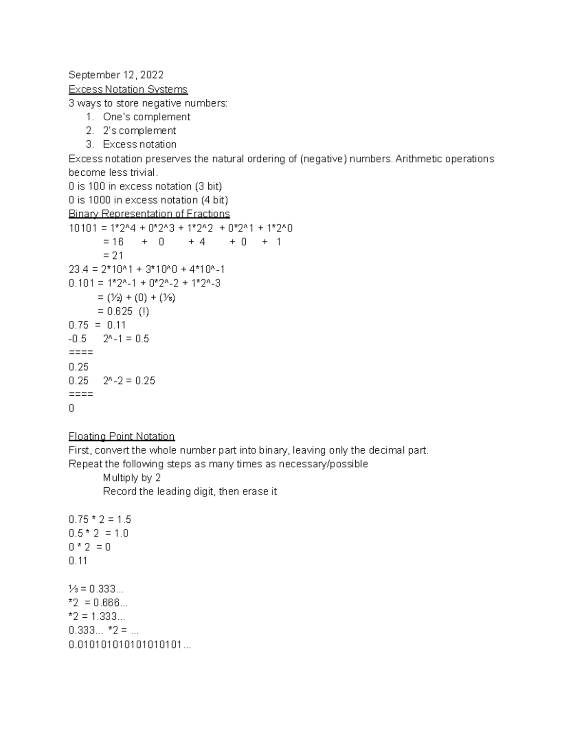 Comp Sci Notes - Exam 2 - September 12, 2022 Excess Notation Systems 3 ...