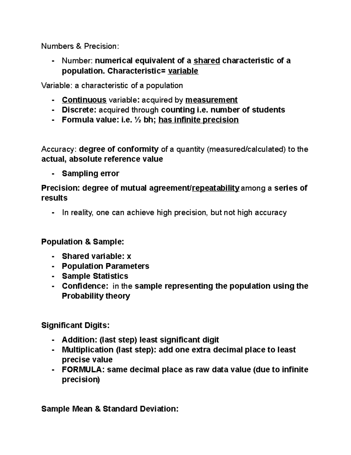 Lecture Notes, Statistics 13 Numbers Precision Number numerical equivalent of a shared