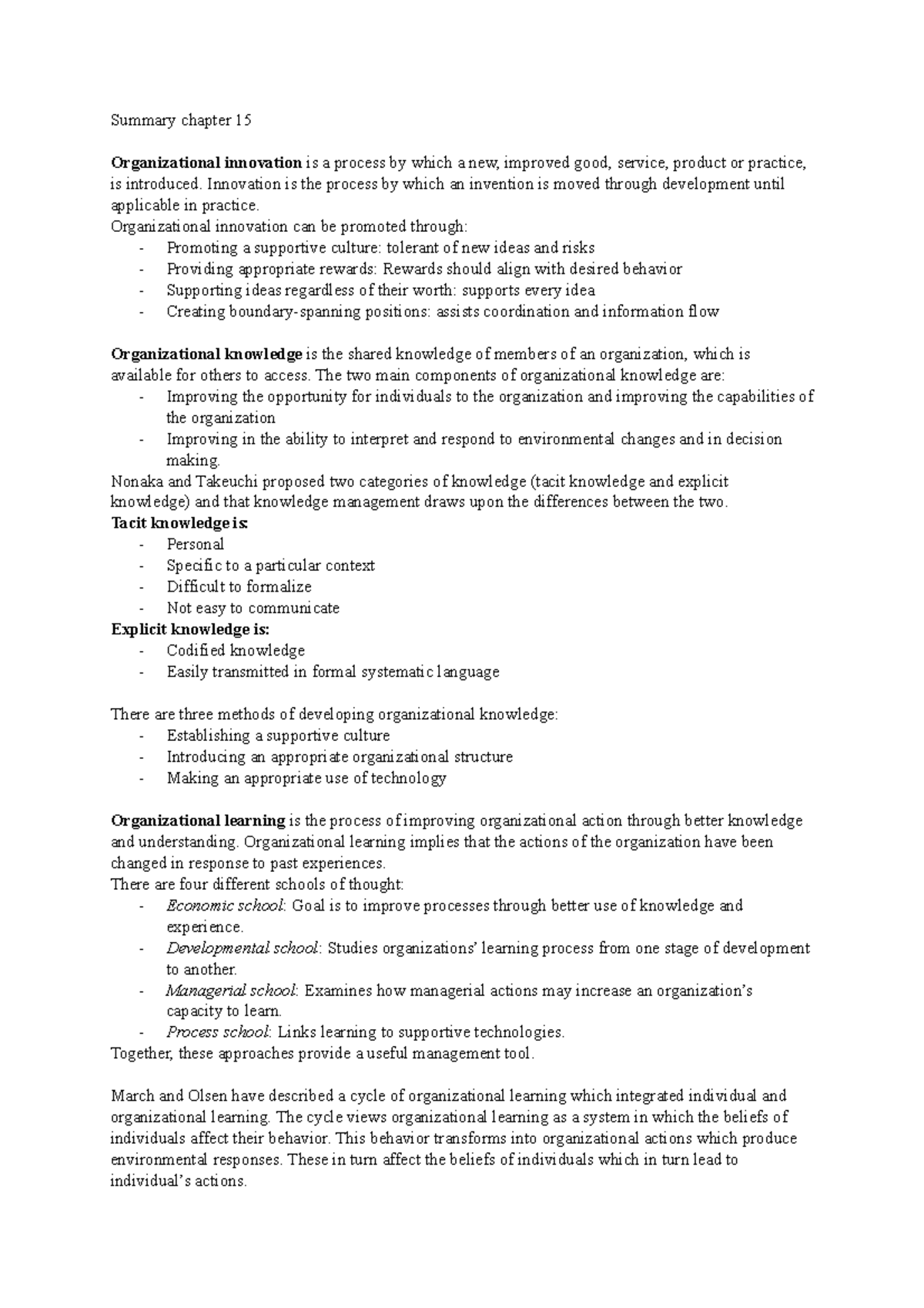 OS summary chapter 15+16 - Summary chapter 15 Organizational innovation ...