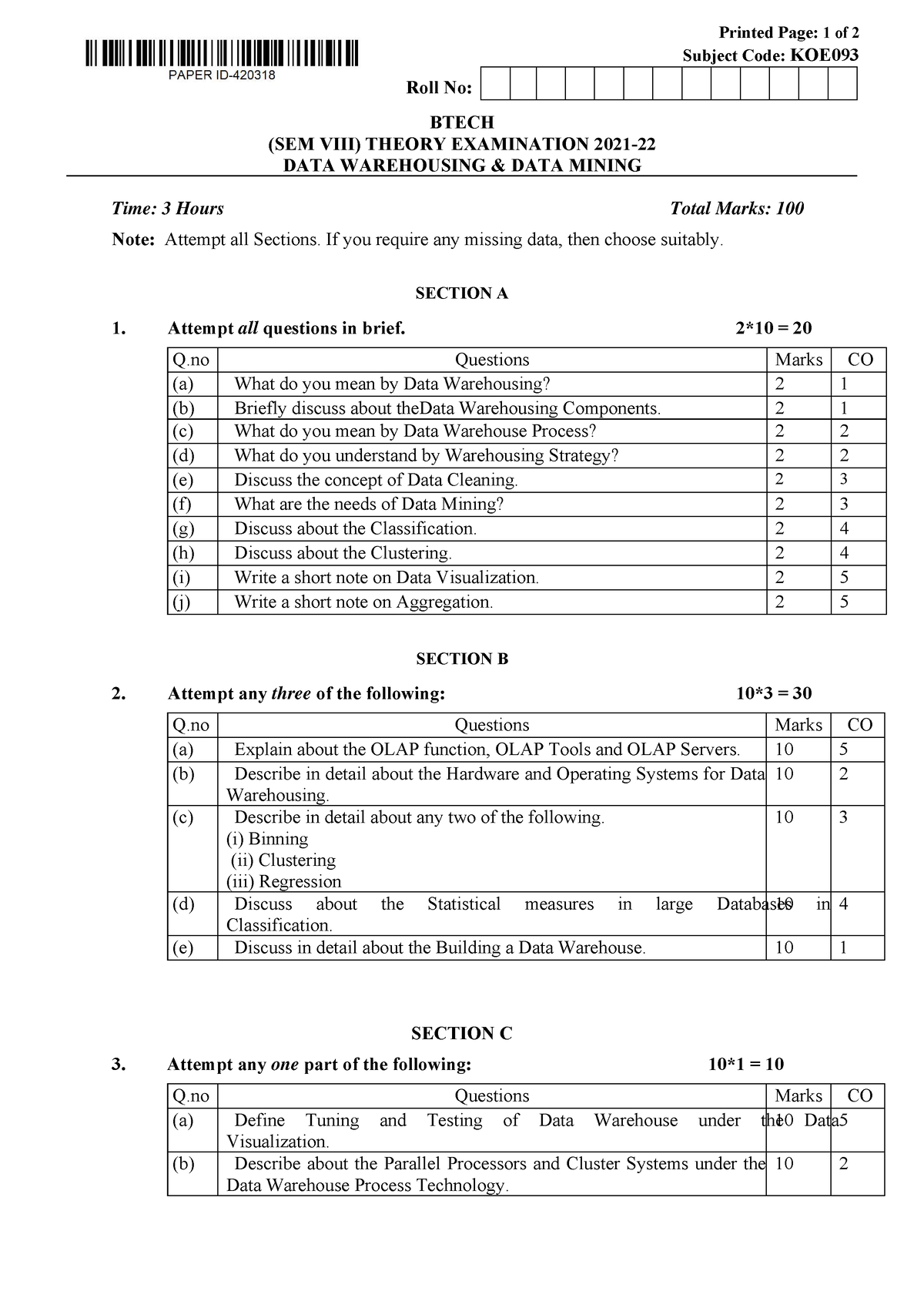 Btech oe 8 sem data warehousing and data mining koe093 2022 - Printed ...