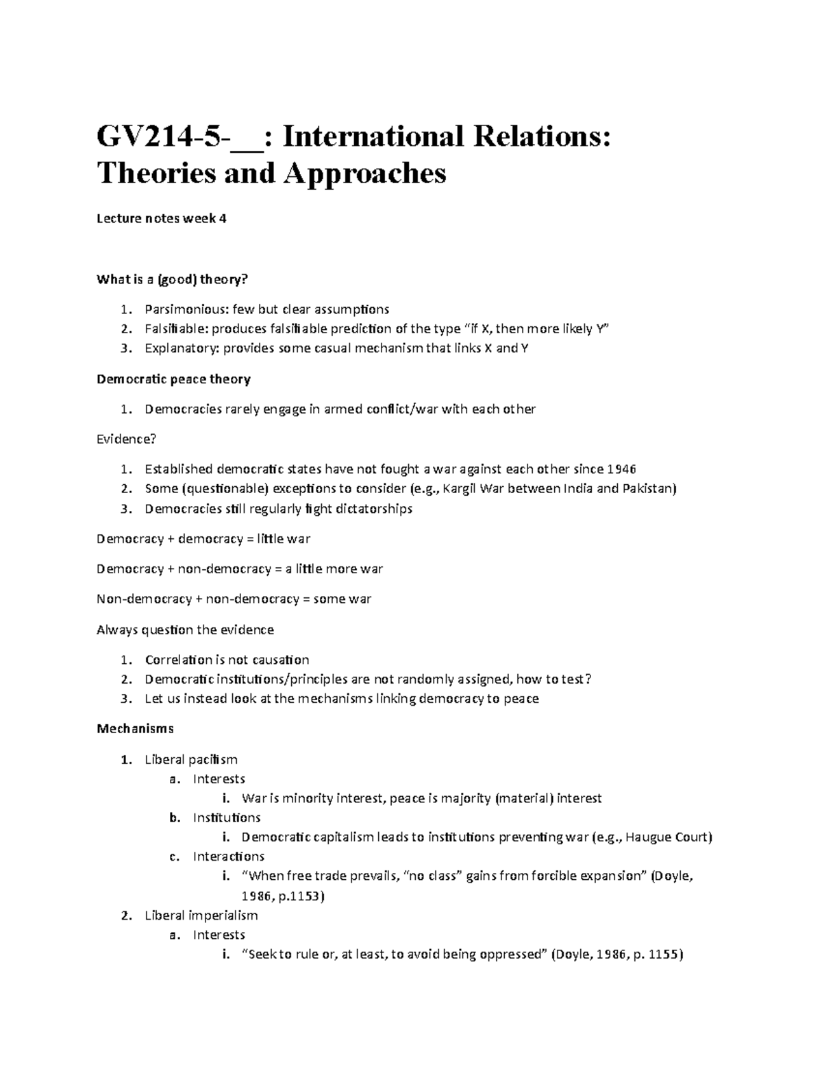 Lecture notes week 4 - GV214-5-__: International Relations: Theories ...