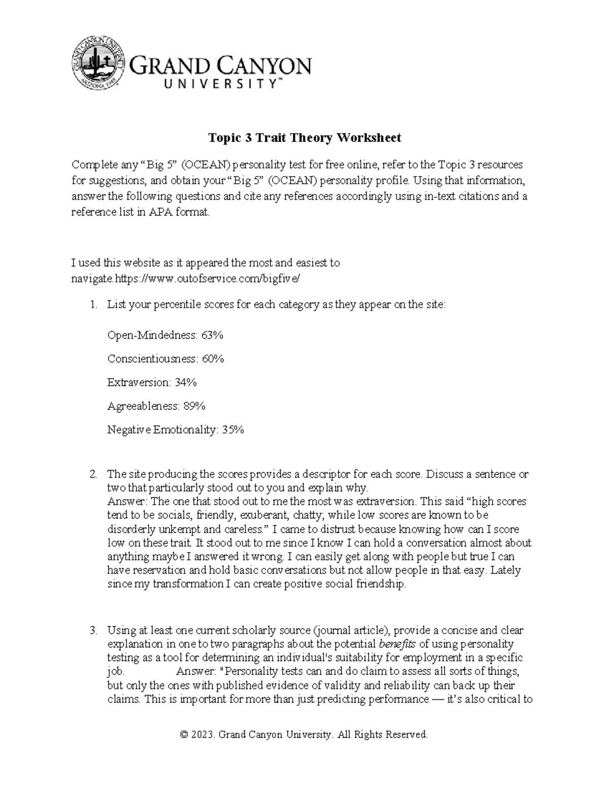 PSY 255 RS T3Trait Theory Worksheet - Topic 3 Trait Theory Worksheet ...